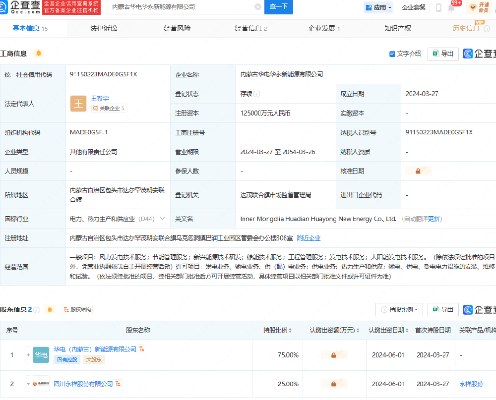 通威股份、華電在內蒙古成立新能源公司