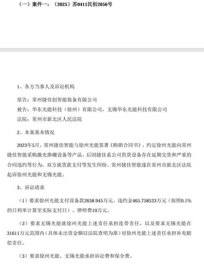涉設備買(mǎi)賣(mài)合同糾紛！華東重機光伏子公司被告